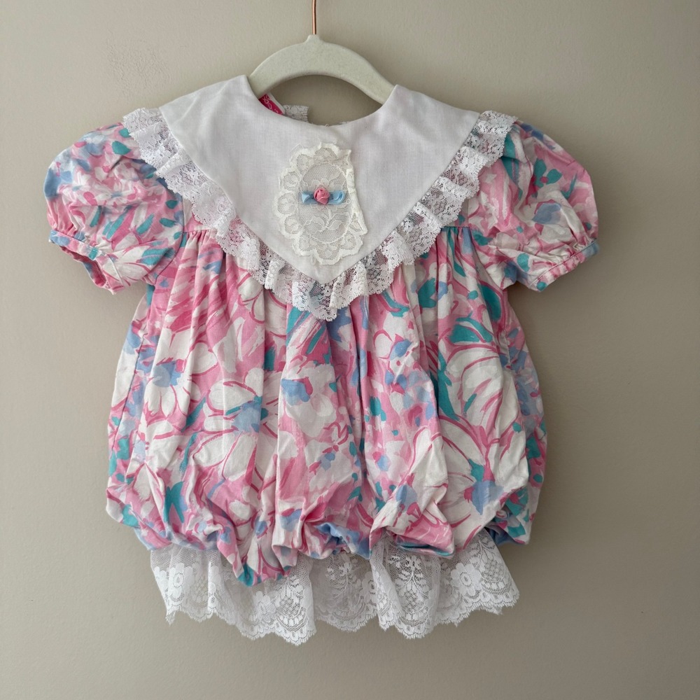 The Ribbons Lace Collection Baby Bubble Romper Dress‎ Floral  Lace Collar 12M